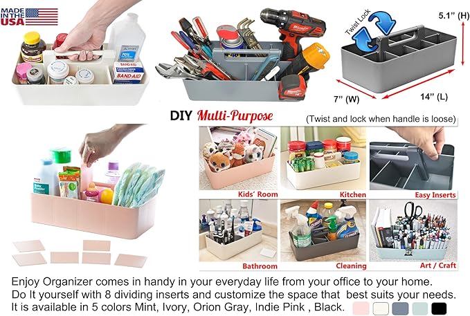 2 PACK - Portable DIY 8 Dividers Durable Plastic Tote Tool & Supply Cleaning Caddy with Handle Made In USA (Orion Gray)