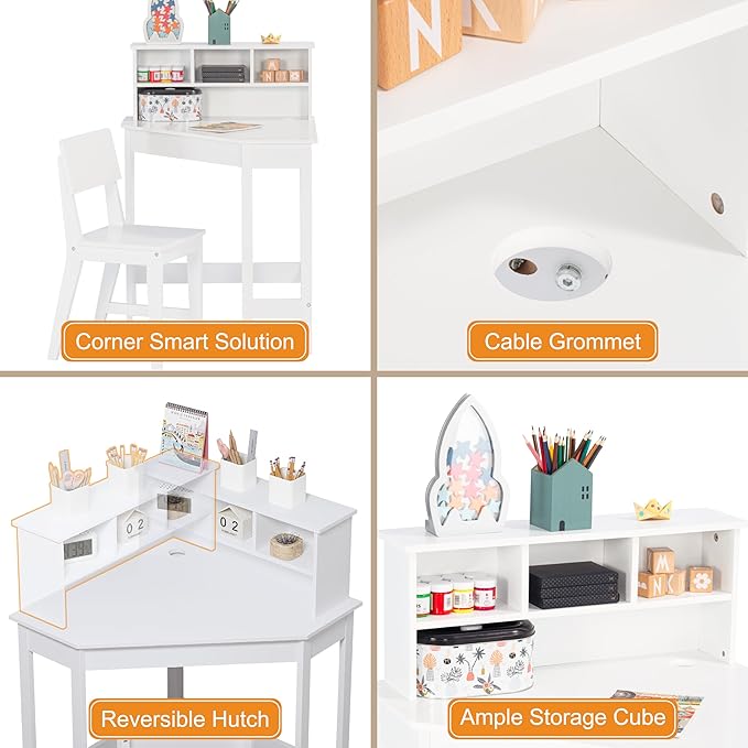 UTEX Kids Desk, Kids Corner Desk and Chair Set, Children Study Table with Storage and Hutch for Home School Use, White