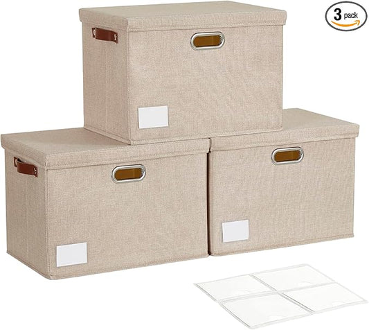 17" Large Collapsible Storage Bins with Lids, Stackable Closet Organizers with PU Handle and Labels, 3-Pack Decorative Fabric Storage Boxes for Home, Bedroom, Closet, Office, Nursery(Khaki)