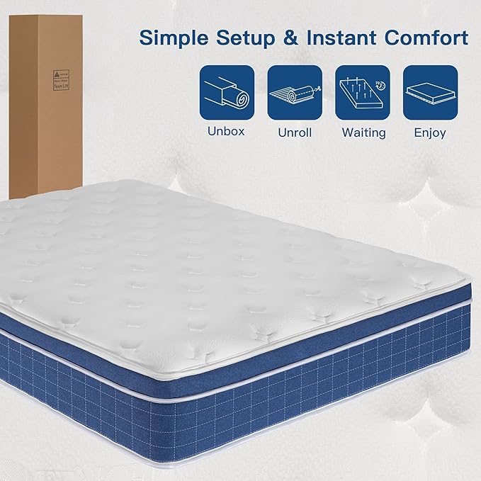 Queen Mattress,14 Inch Memory Foam Hybrid Queen Size Mattresses in a Box, Medium Firm Feel Individual Pocket Springs Matress, Breathable Fabric, Strong Edge Support, Fiberglass Free