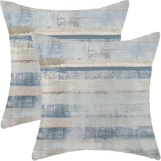 Boho Blue Grey Stripe Throw Pillow Covers 20x20 Inch Set of 2, Rustic Abstract Decorative Throw Pillow Covers Retro Stripe Linen Outdoor Cushion Cover for Sofa Couch Farmhouse Room Bed Decor