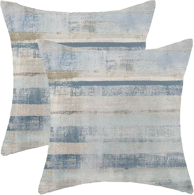 Boho Blue Grey Stripe Throw Pillow Covers 16x16 Inch Set of 2, Rustic Abstract Decorative Throw Pillow Covers Retro Stripe Linen Outdoor Cushion Cover for Sofa Couch Farmhouse Room Bed Decor