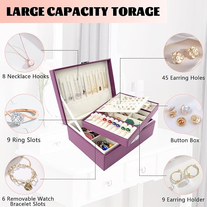 Homeanda Jewelry box 2 layer Jewelry box Leather Jewelry boxes for Women Girls Teens Jewelry organizer box Jewelry Storage box with lock(Purple)
