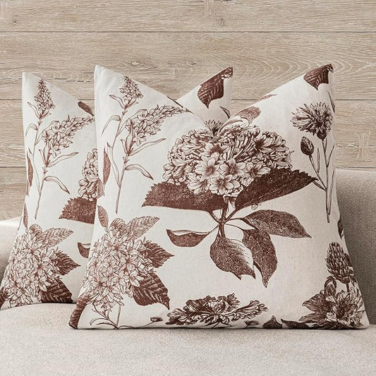 Foindtower Set of 2 Linen Floral Throw Pillow Covers Neutral Vintage Print Decorative Cushion Covers Farmhouse Boho Home Decor for Sofa Chair Couch Bedroom Living Room Outdoor,18×18 Inch,Dark Brown