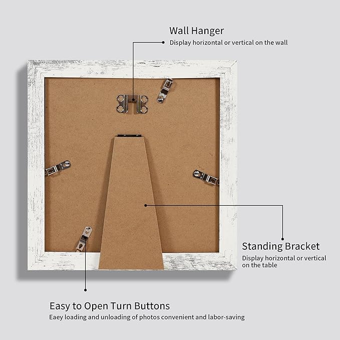 8x8 Picture Frames Set of 4 with Real Glass, Distressed White Frame Display 6x6 Pictures with Mat or 8 x 8 Without Mat, Wood Square Photo Frame for Wall Mount and Tabletop Display