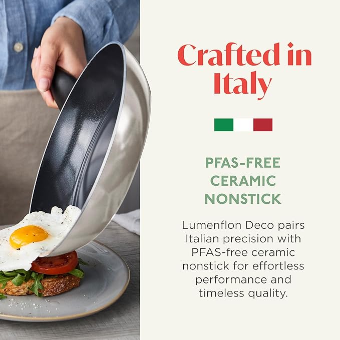 Deco 11” Nonstick Frying Pan Skillet, Made in Italy, Diamond Ceramic PFAS-Free, Dishwasher & Metal Utensil Safe, Durable Gloss Enamel Finish, Stay-Cool Handle, High Walls-Extra Room, Taupe