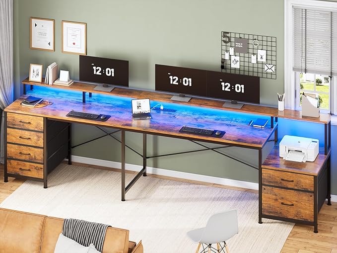 SEDETA L Shaped Desk with 6 Drawer, 108" Home Office Desk with File Drawer & Power Outlet, Corner Computer Desk with Monitor Shelf, Two Person Desk, Gaming Desk with Led Lights, Rustic Brown