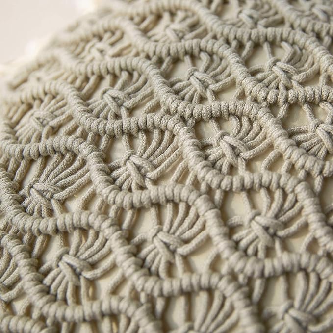 Phantoscope 100% Cotton Handmade Crochet Woven Boho Throw Pillow with Tassel Cute Farmhouse Pillow Insert Included Lumbar Small Decorative Cushion for Couch Sofa, Beige,16 inches Round