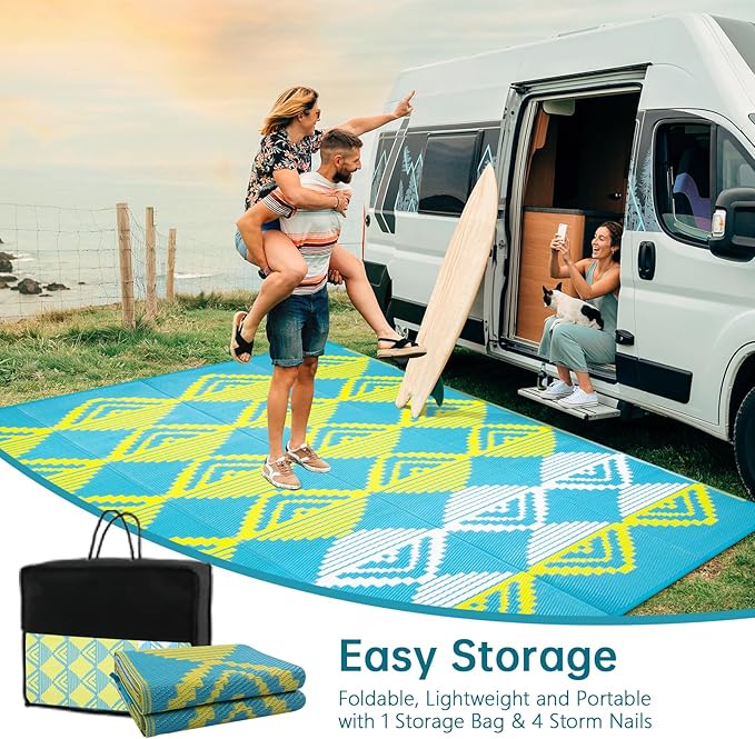 Beeiva Outdoor Rug Waterproof for Patio 6x9, Reversible Plastic Straw Mat for Camping, Modern Geometric Outside Rugs for Rv, Deck, Porch, Picnic, Beach, Balcony - Blue & Yellow