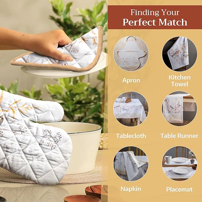 Maison d' Hermine 100% Cotton Oven Mitt & Pot Holder Set (7.5"x13" & 8"x8") Heat Resistant BBQ Cooking Gloves with Loop, Grilling, Kitchen, Handling Hot Pans Spring/Summer (Meadow Florals - Beige)