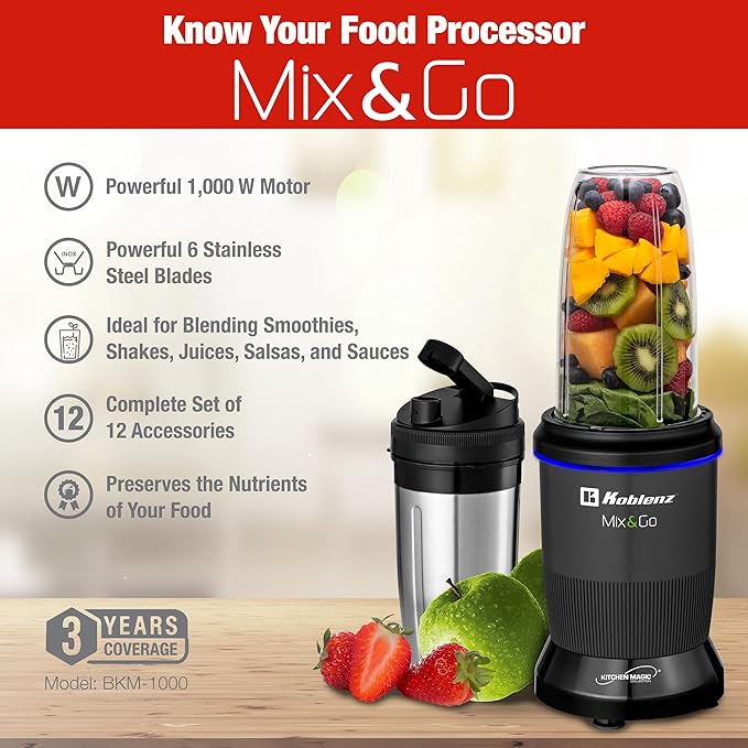 Koblenz Mix&Go Personal Blender, Portable Size Blender for Shakes and Smoothies, 1000w Motor, Includes Stainless Steel To-Go Cup and Tritan To-Go Cup, 12 Accessory Kit, Grey