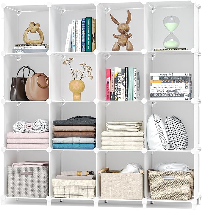 Neprock 16 Cubby Storage Organizer, Closet Clothes Storage Organizer, Cube Shelves Closet Organizers and Storage Shelves for Clothing Storage with Hammer, Bookshelf for Kids (White)