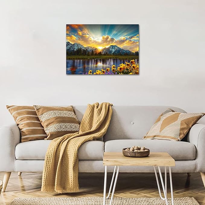 SKASNFAI Grand Teton National Park Wall Art Sunflower Landscape Canvas Mountain Artwork Landscape Print for Living Room Framed (24x36 inch)