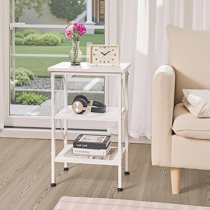 VECELO End Table Set of 2, Bedside Table, 24" Tall Living Room End Tables, X-Design Reinforced Nightstands, Side Table with 3-Tier Storage Shelves for Small Spaces, Office, Bedroom, Pearl White