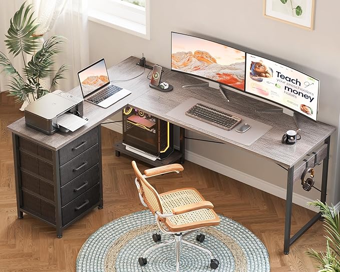 AODK L Shaped Desk with 4 Tier Drawers, 61" Reversible Gaming Desk with Power Outlets, L Shaped Computer Desk with USB Charging Port and Host Stand, Home Office Corner Desk, Easy to Assemble, Grey Oak