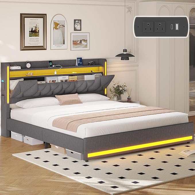 King Bed Frame, King Size Bed Frame with Storage Headboard and LED Lights, Charging Station, Metal Support, Noise-Free, Easy Assembly,Gray