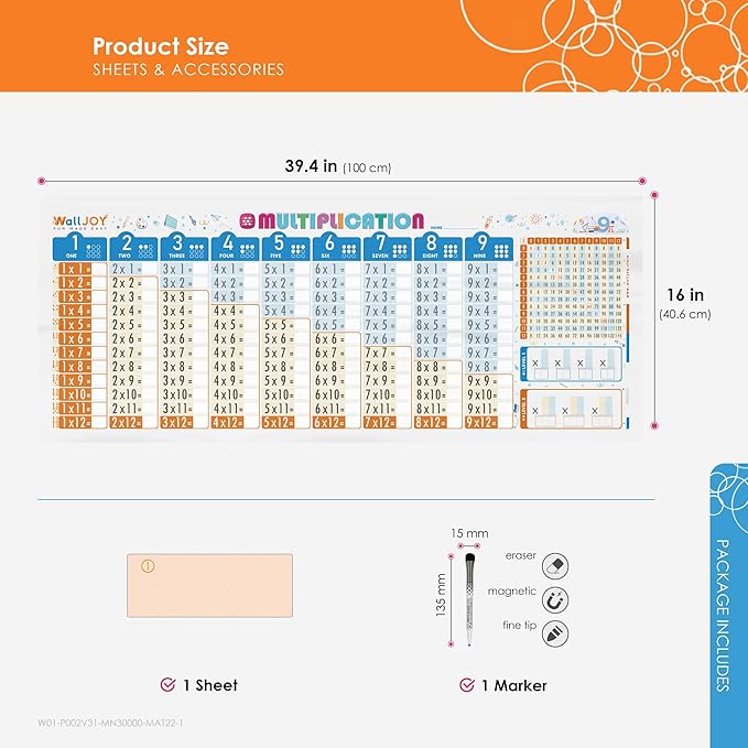 Large Dry Erase Multiplication Chart Whiteboard – 39.4x16” Clear Times Table Math Board, Adhesive-Free, Sticks to Any Surface, Educational Table Chart for Kids, School & Home Use, Plus Marker