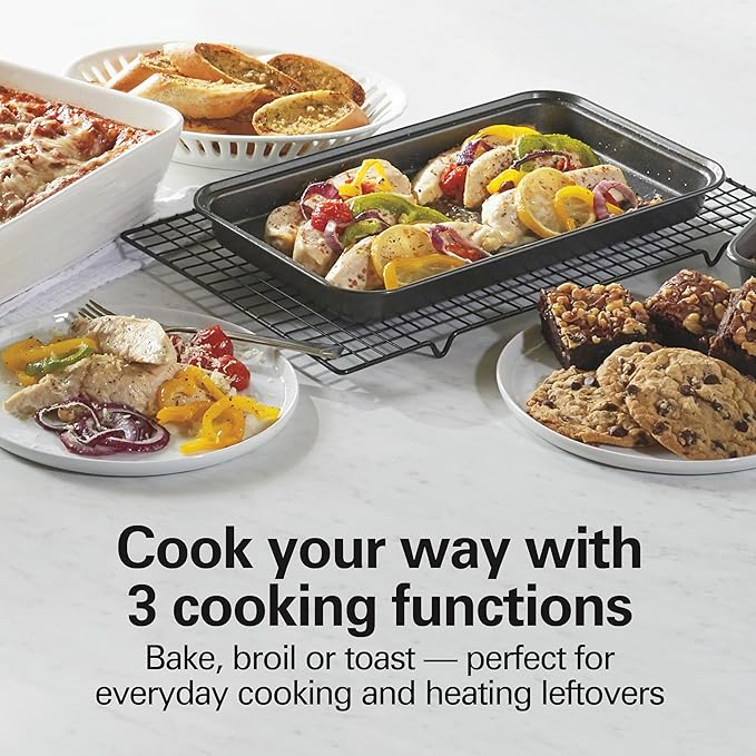 Hamilton Beach Easy Reach 4-Slice Countertop Toaster Oven With Roll-Top Door, 1200 Watts, Fits 9” Pizza, 3 Cooking Functions for Bake, Broil and Toast, Silver (31344DA)