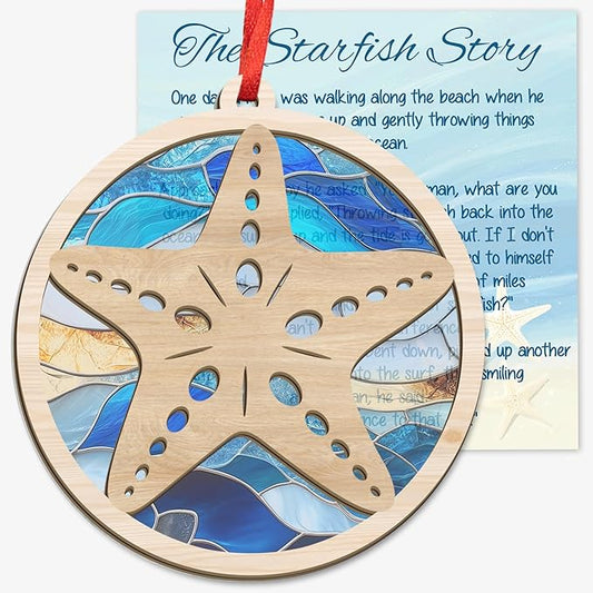 GEEMBI Christmas Teacher Gifts for Women Men - Suncatcher Christmas Ornaments 2025 with Card - Thank You Gifts for Coworkers Nurses Therapists, Teacher Ornament, Starfish Ornaments for Tree