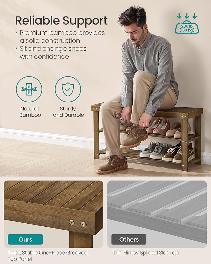 SONGMICS Shoe Rack Bench, 3-Tier Bamboo Shoe Storage Organizer, Entryway Bench, Holds Up to 286 lb, 11.3 x 35.4 x 17.8 Inches, for Entryway Bathroom Bedroom, Yellow Brown ULBS090K01