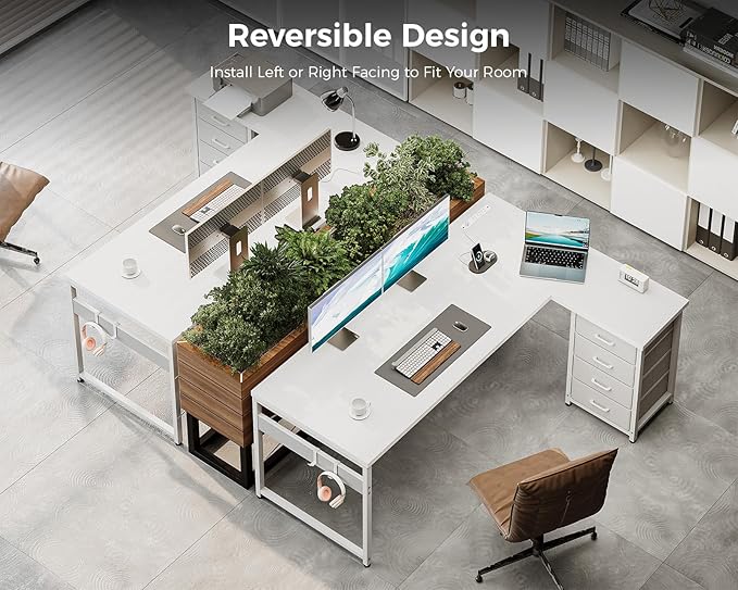 AODK L Shaped Desk with 4 Tier Drawers, 61" Reversible Gaming Desk with Power Outlets, L Shaped Computer Desk with USB Charging Port and Host Stand, Home Office Corner Desk, Easy to Assemble, White