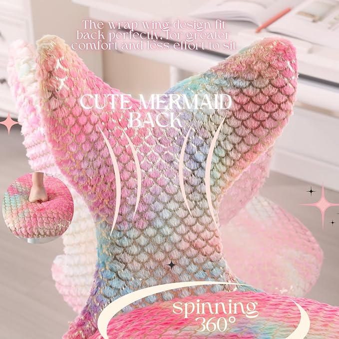 Fuzzy Desk Chair, Cute Swivel Children Desk Chair with Wheels for Kids Bedroom Upholstered Rolling Study Chair Adjustable Computer Chair Mermaid Back Vanity Chair for Teen Girls Boys, Red Colorful