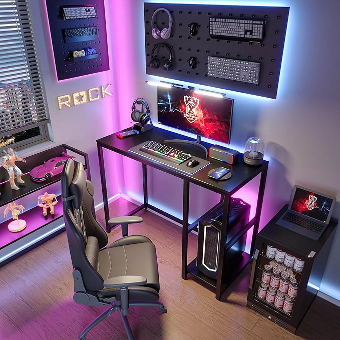 SINPAID Computer Desk 47 inches with 2-Tier Shelves Sturdy Home Office Desks with Large Storage Space Modern Gaming Desk Study Writing Laptop Table, Black