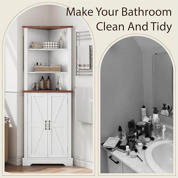 Smuxee Tall Corner Storage Cabinet, Farmhouse Corner Cabinet with Barn Door and Adjustable Shelf, White Freestanding Cabinet Organizer for Bathroom, Kitchen, Living Room