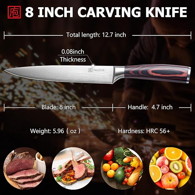 PAUDIN 8-Inch Carving Knife - Ultra Sharp Brisket Slicing Knife, Premium German Stainless Steel With Ergonomic Handle for BBQ, Roast, Meats and Vegetables