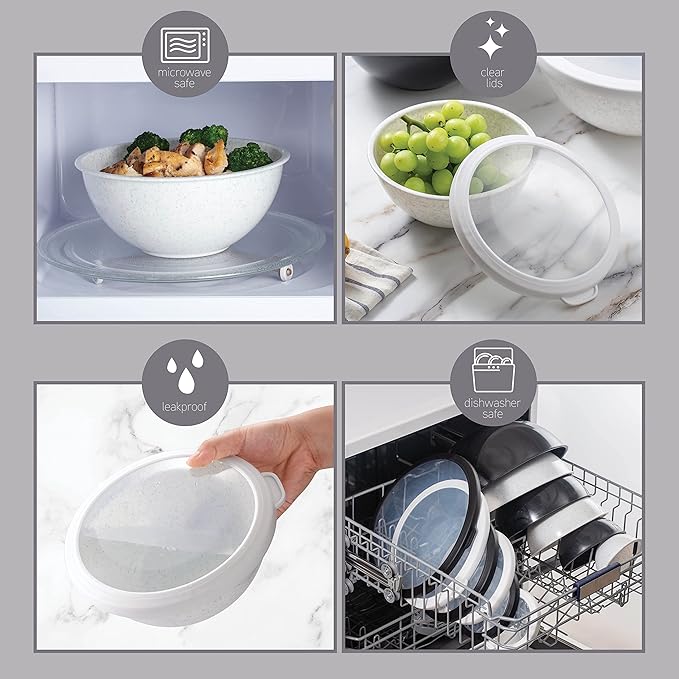 COOK WITH COLOR Mixing Bowls with TPR Lids - 12 Piece Plastic Nesting Bowls Set includes 6 Prep Bowls and 6 Lids, Microwave Safe Mixing Bowl Set (Black and White)