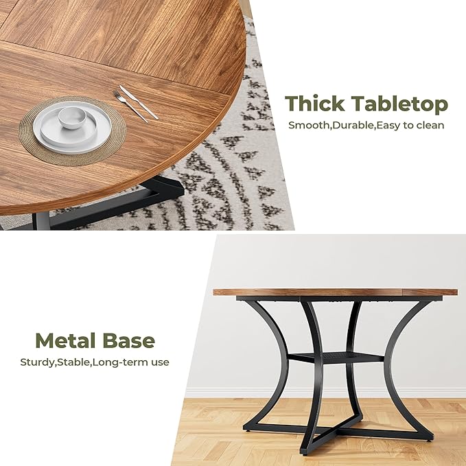 IRONCK 47.2" Round Dining Table for 4, Wood Kitchen Table with Storage Shelf for Dining Room, Dinner Table with Wooden Tabletop and Metal Base, Cherry