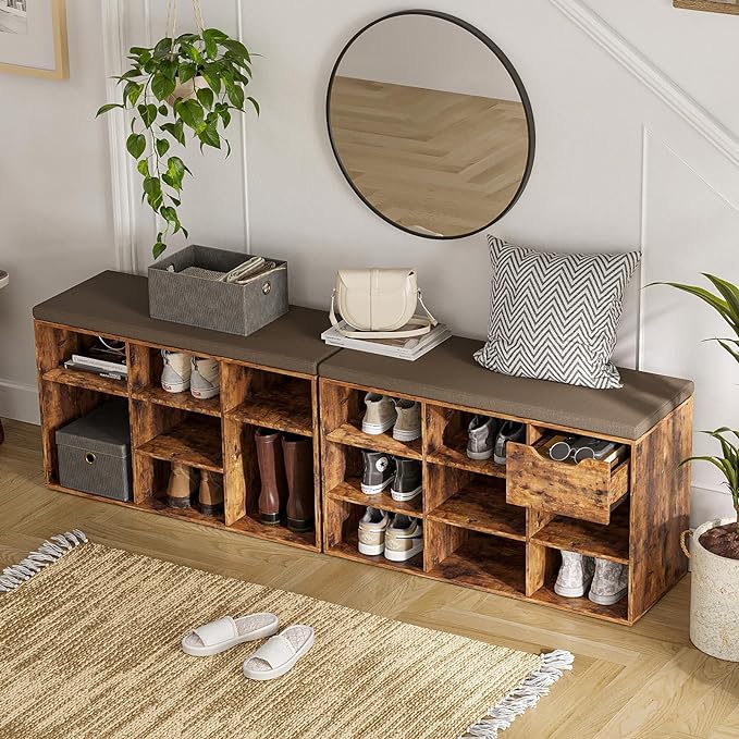 DINZI LVJ Shoe Storage Bench with Cushion, Cubby Rack with 9 Cubbies, Adjustable Shelves, Multifunctional Organizer Bench for Entryway, Mudroom, Hallway, Closet and Garage, Rustic Brown