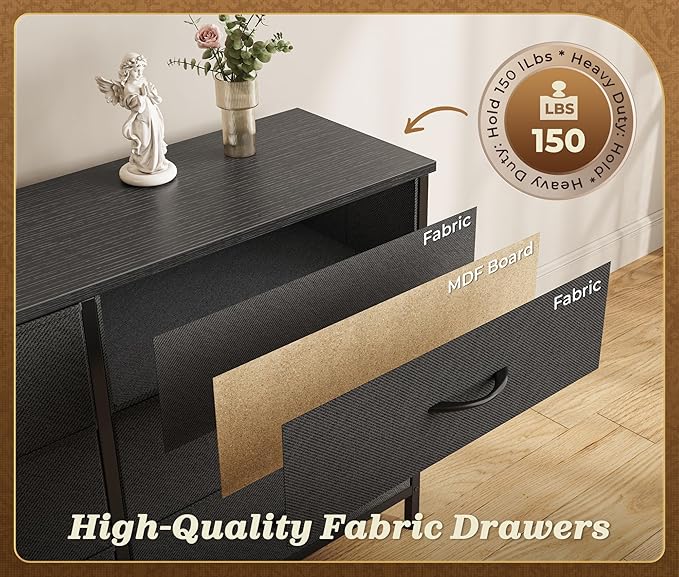 Huuger 78.7 inch Long Dresser for Bedroom, 15 Drawer Fabric Dresser for Closet, Large TV Stand for 65, 75, 85 inch TV, Wide Chest of Drawer with Storage, 78.7" W x 12.9" D x 26.7" H, Black