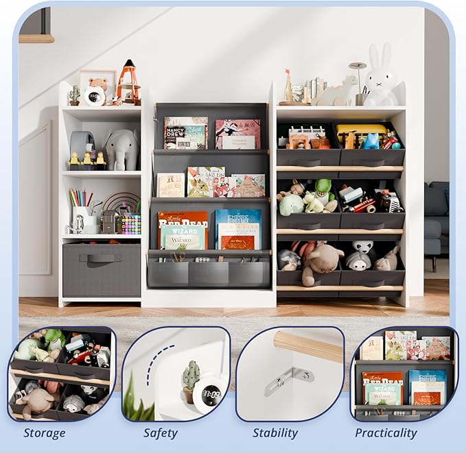 Kids Toy Book Storage Organizer - Large Bookshelf with 7 Removable Bins, Baby Bookshelf and Toy Storage, 4-Tier Book Shelf for Kids Room, Playroom, Classroom, 51 inch, White