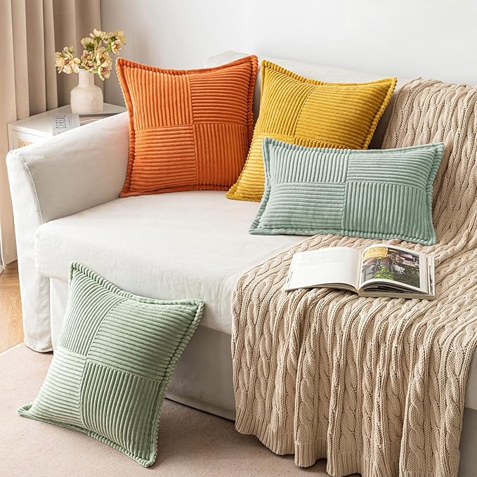 MIULEE Decorative Lumbar Throw Pillow Covers for Couch Bed Livingroom 12x20 Inch Set of 2 Greyish Green Boho Accent Throw Pllows Broadside Striped Patchwork Soft Corduroy Summer Pillowcases