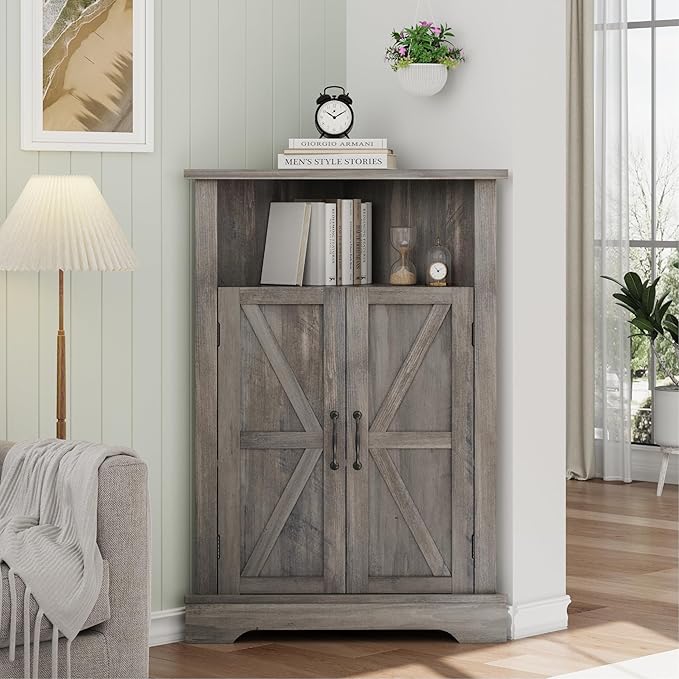 Smuxee Bathroom Corner Storage Cabinet, Farmhouse Floor Corner Cabinet with Barn Door and Adjustable Shelf, Wash Grey Narrow Cabinet Organizer for Bathroom, Living Room, Kitchen