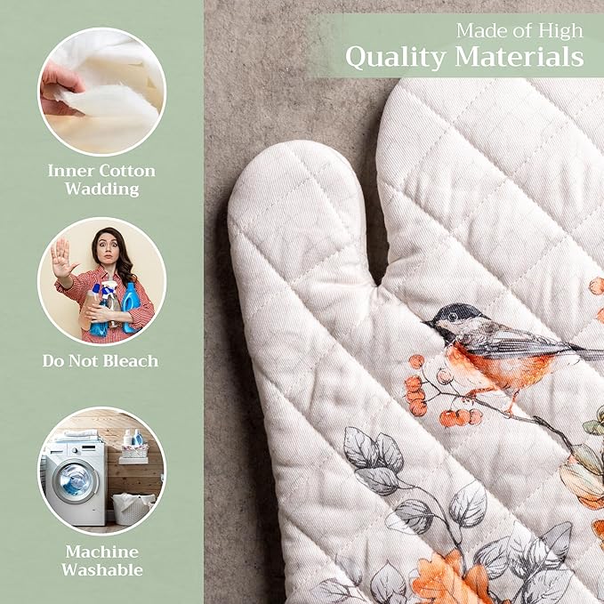 Maison d' Hermine Oven Gloves 100% Cotton Oven Mitt 7" x 13" with Loop Heat Resistant BBQ Cooking Gloves for Thanksgiving Christmas Decorations Handling Hot Pans (Pack of 1, Whitish Shabby Chique)