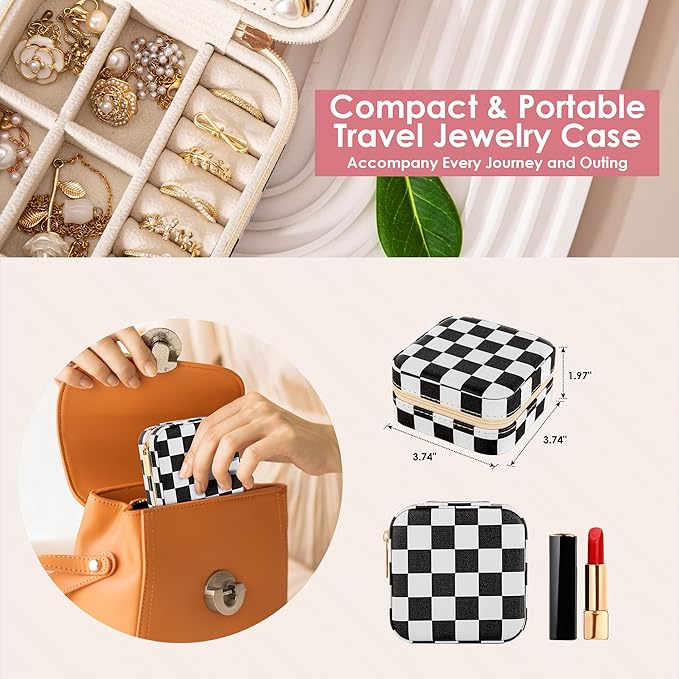 Checkered Travel Jewelry Case, Classic Retro Small Jewelry Box for Women Girl, Trendy Birthday Gradution Gift