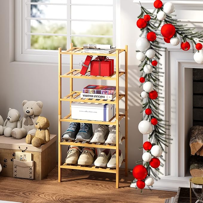 6-Tier Small Shoe Rack for Entryway, Stackable | Heavy Duty | Multi-Function, Bamboo Free Standing Shoe Racks for Bedroom Hallway Closet