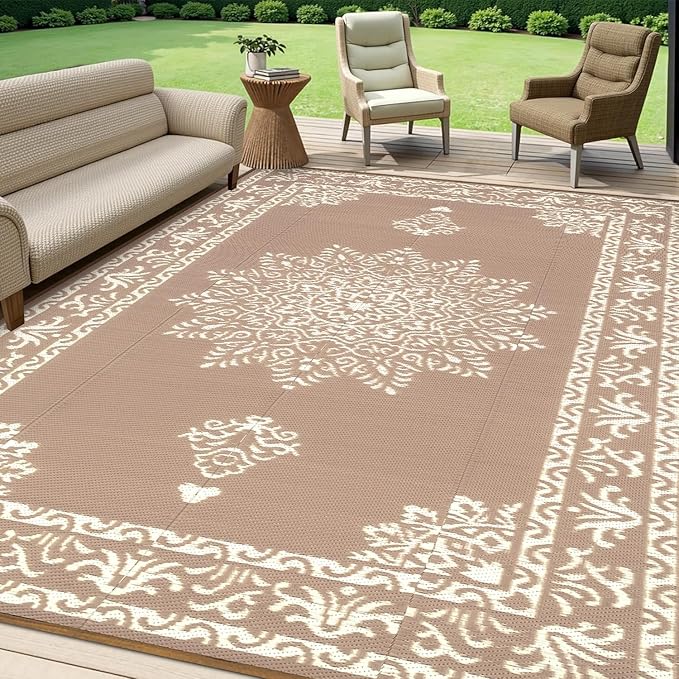 Yamaziot Outdoor Rug 5x8 Ft, Waterproof Plastic Straw Patio Rug, Reversible Backyard Carpet UV Resistant Portable RV Mat Clearance, Large Indoor Outdoor Rug for Patio, Porch, Deck, Balcony, Brown