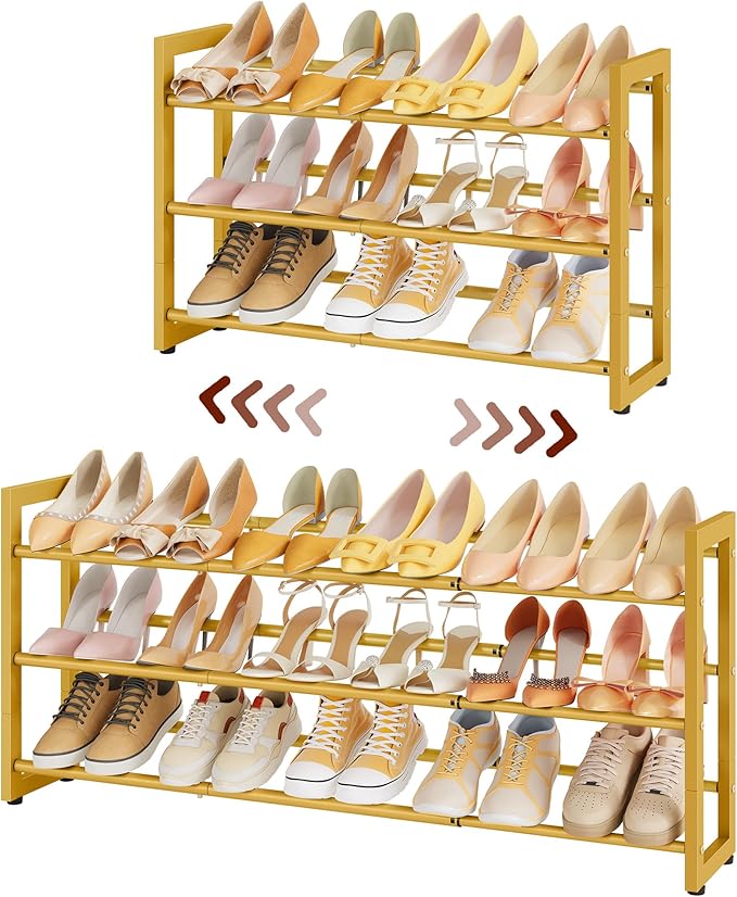 FAVOOSTY 3-Tier Expandable Shoe Rack, Adjustable Shoe Shelf Storage Organizer Space Saving Metal Free Standing Shoe Rack for Entryway Closet Doorway, Gold