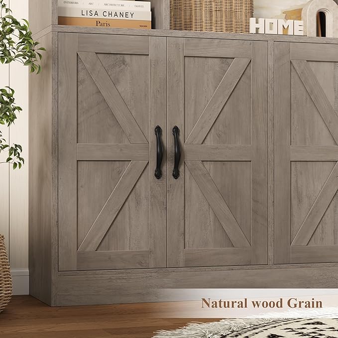 HOSTACK 75” Tall Book Shelf and Bookcase, Bookshelf with Storage Cabinet, 47” Wide Bookcase with 4 Doors, Standing Display Shelves, Modern Farmhouse Book Case for Living Room, Home Office, Ash Grey