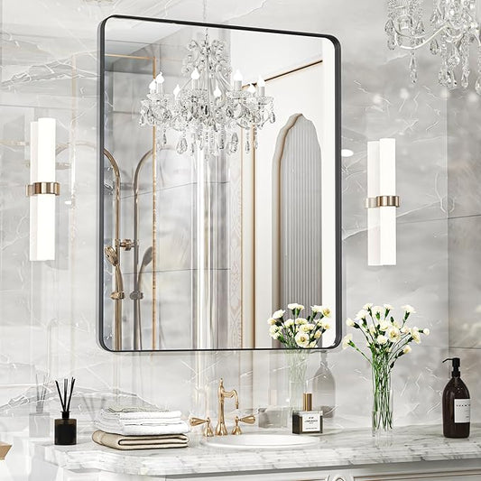 40×30 Black Bathroom Mirror, Rectangular Bathroom Vanity Mirror for Wall with Rounded Corners & Aluminum Alloy Frame, Tempered-Glass, Modern, Farmhouse, Horizontal/Vertical, Entryway, Bedroom