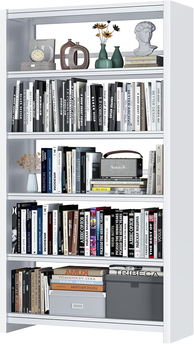 Bookshelf,5 Tier Bookshelves,69" Tall Metal White Bookcase,Install Simple Bookshelves for Bedroom, Living Room,Home Office/Library(White)