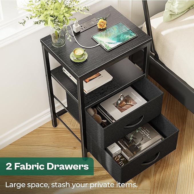 Huuger Nightstand with Charging Station, Side Table with Fabric Drawers, End Table with Open Shelf, Bedside Table with USB Ports and Outlets, Night Stand for Bedroom, Black