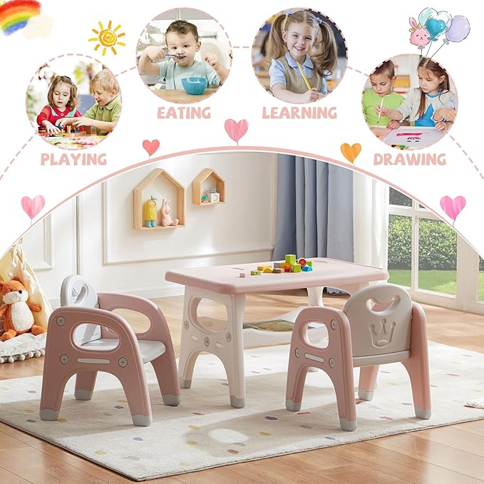 Kids Table and Chair Set, Plastic Children Activity Table with 2 Chairs, Toddler Table and Chair Set for Reading, Drawing, Snack Time, Arts Crafts, Preschool, Gift for Boys Girls