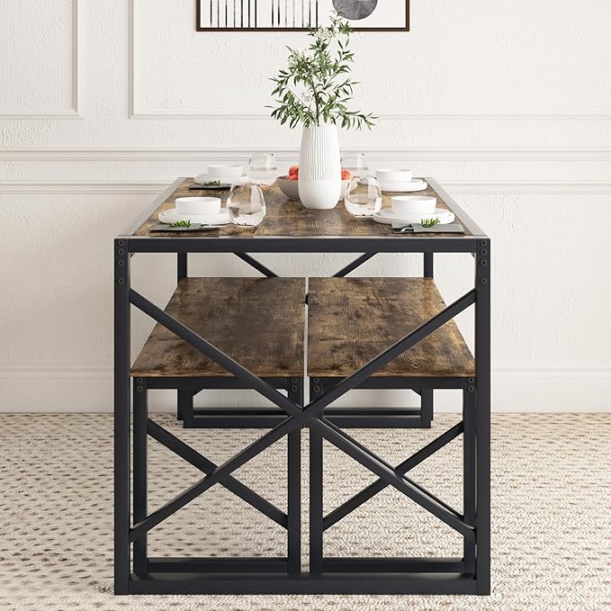 VECELO Kitchen Dining Table Set for 4 to 6, 55" Wood Dinette 2 Benches with Metal Frame for Dinner Breakfast Nook and Small Space, Grey