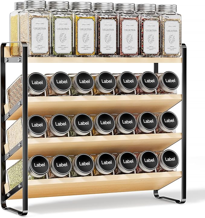 MUDEELA 4 Tier Spice Rack Organizer for Cabinet, Vertical Spice Shelf, Wooden Material, Seasoning Organizer for Countertop, Kitchen, Pantry, Freestanding, 13.4" W × 11.2" H (No Jars Included), Black