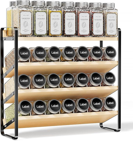 MUDEELA 4 Tier Spice Rack Organizer for Cabinet, Vertical Spice Shelf, Wooden Material, Seasoning Organizer for Countertop, Kitchen, Pantry, Freestanding, 13.4" W × 11.2" H (No Jars Included), Black