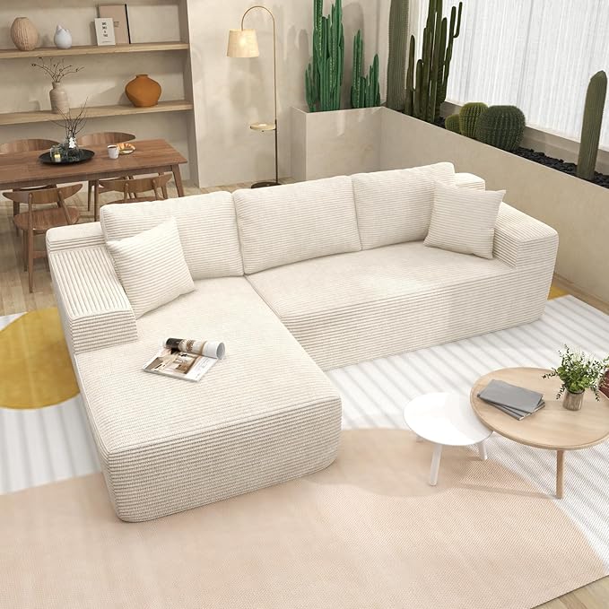OC Orange-Casual 106.3" Cloud Sectional Couch with L-Shape Chaise,No Assembly Required Modular Sofa,Upholstered Boneless Couches for Living Room, Plush Corduroy Fabric (White, Left Facing Chaise)